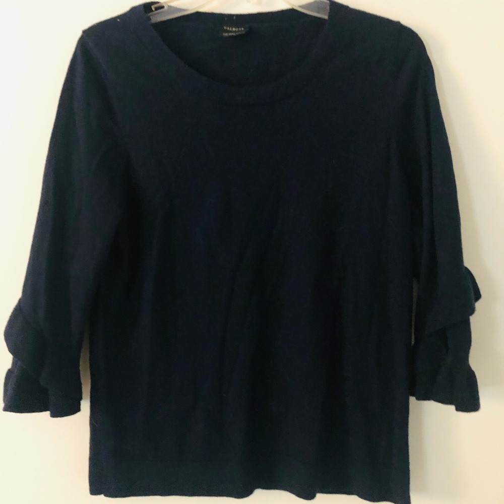 Talbots dark navy scoop neck. Merino wool top with ruffled 3/4 sleeve
